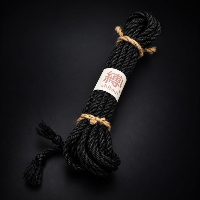 Cuerda de yute negra con etiqueta shibari.cl