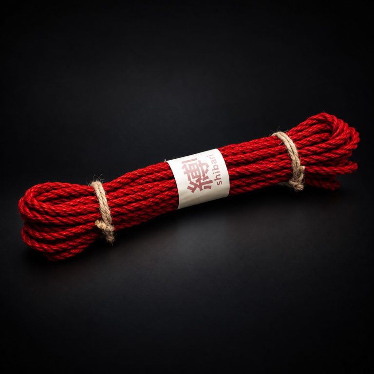 Cuerda de yute roja con etiqueta shibari.cl
