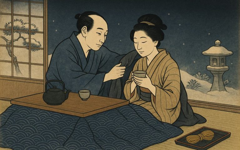Ilustración estilo grabado japonés: una pareja comparte té bajo el kotatsu en una noche de nieve; él le pone un abrigo sobre los hombros y la cuerda descansa enrollada en una bandeja