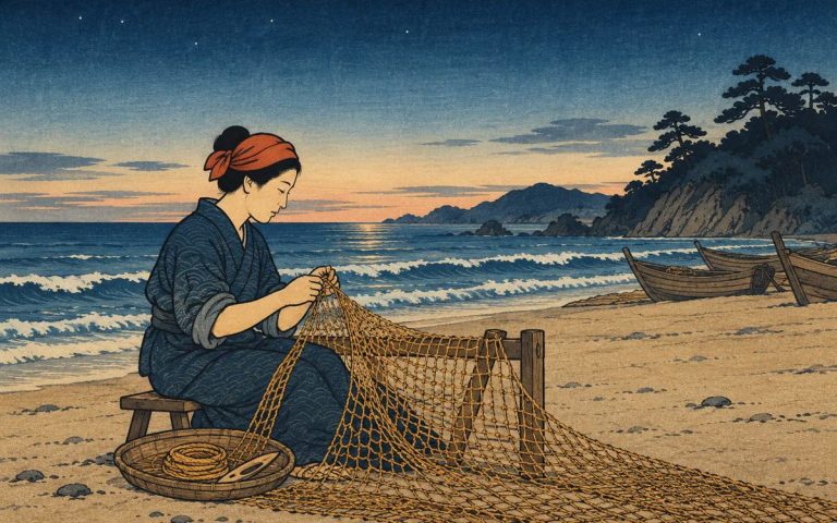 Ilustración estilo grabado japonés: una pescadora sola en la playa al amanecer repara a mano una red de cuerda, nudo a nudo