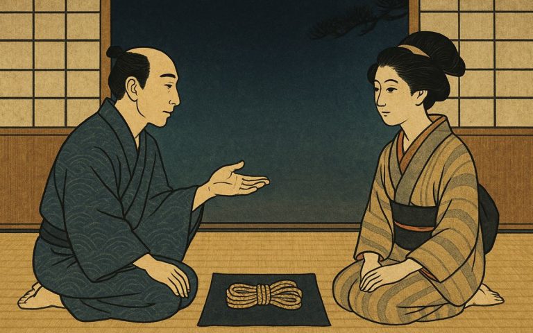 Ilustración estilo grabado japonés: dos personas en kimono conversan arrodilladas, con una cuerda doblada entre ellas