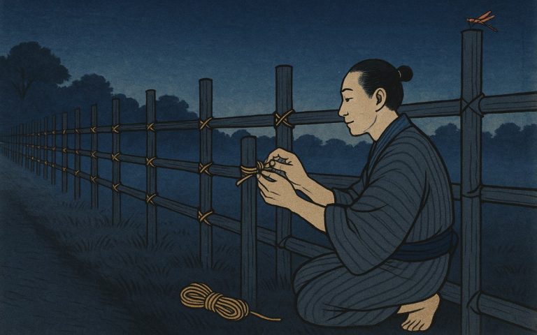 Ilustración estilo grabado japonés: un hombre arrodillado ata con cuerda las uniones de una larga cerca de madera al anochecer, nudo a nudo
