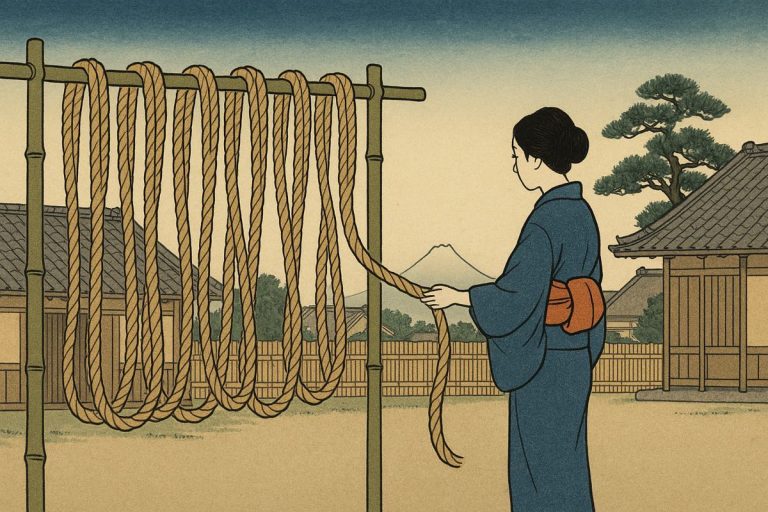 Ilustración estilo grabado japonés: madejas de cuerda natural secándose en varas de bambú