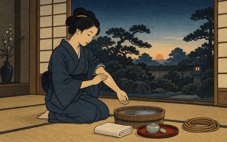 Ilustración estilo grabado japonés: al amanecer, una mujer en kimono se masajea el antebrazo con aceite junto a una palangana, una toalla y una cuerda enrollada