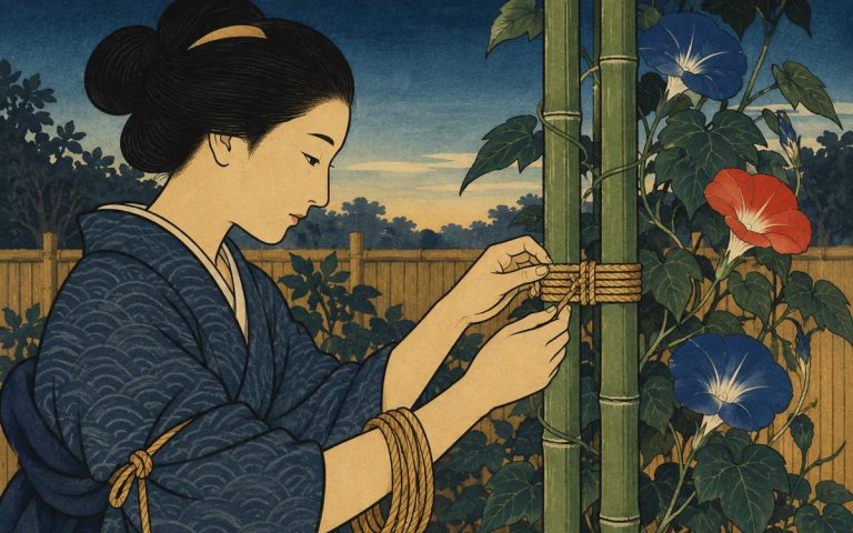 Ilustración estilo grabado japonés: una mujer ata con vueltas parejas dos cañas de bambú juntas para una enredadera de flores de la mañana