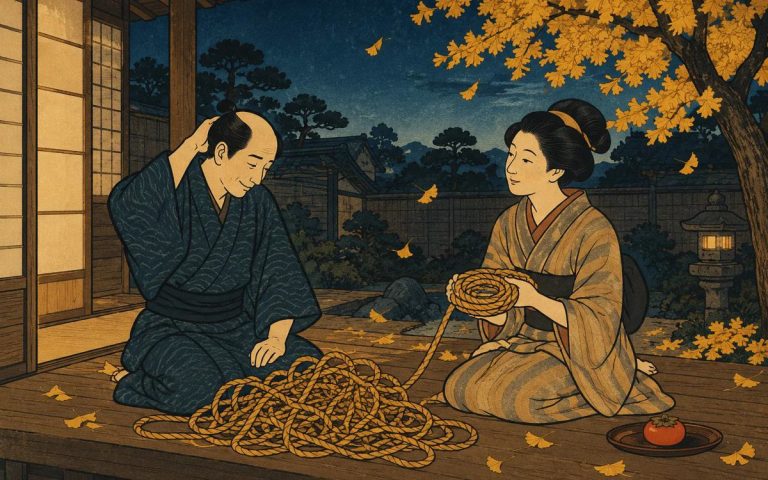 Ilustración estilo grabado japonés: un principiante sonríe avergonzado frente a un montón de cuerda enredada mientras una practicante le muestra cómo enrollarla bien, bajo un ginkgo dorado