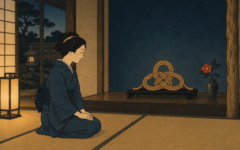 Ilustración estilo grabado japonés: una mujer arrodillada contempla un gran nudo decorativo awaji-musubi de cuerda dorada expuesto en el tokonoma junto a una camelia roja
