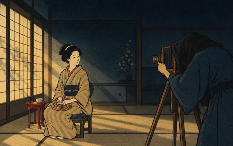 Ilustración estilo grabado japonés: en un estudio de fotografía antiguo, un fotógrafo bajo el paño de una cámara de fuelle retrata a una mujer sentada con una madeja de cuerda, iluminada por la luz lateral del shoji