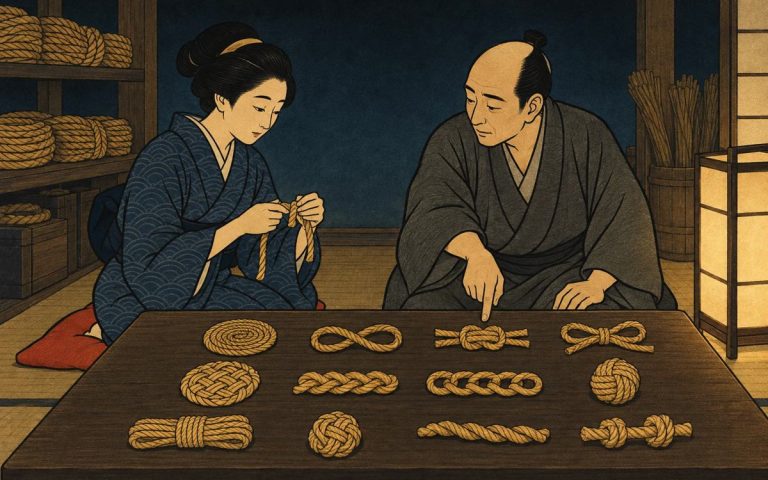 Ilustración estilo grabado japonés: un maestro cordelero señala uno de doce nudos ordenados sobre una mesa y una aprendiz lo copia con su cuerda