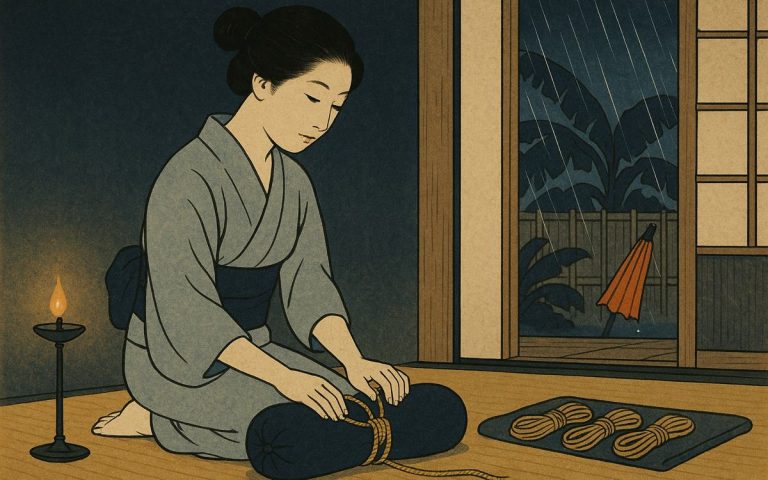 Ilustración estilo grabado japonés: una mujer practica su primer nudo sobre una almohada a la luz de una lámpara, con tres madejas iguales a su lado mientras llueve afuera
