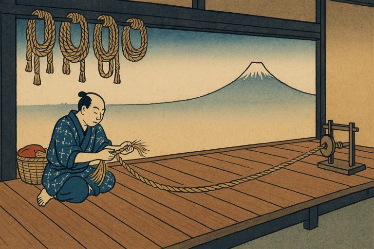 Ilustración estilo grabado japonés: un cordelero del periodo Edo trenza cuerda de cáñamo con el monte Fuji al fondo