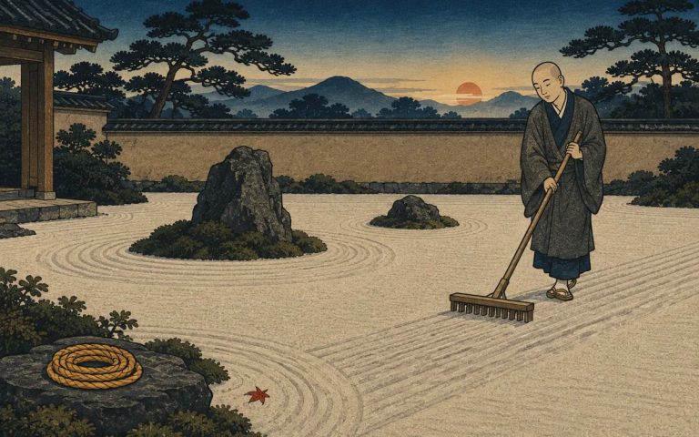 Ilustración estilo grabado japonés: al amanecer, un monje rastrilla con calma la grava de un jardín zen, junto a una cuerda enrollada sobre una piedra