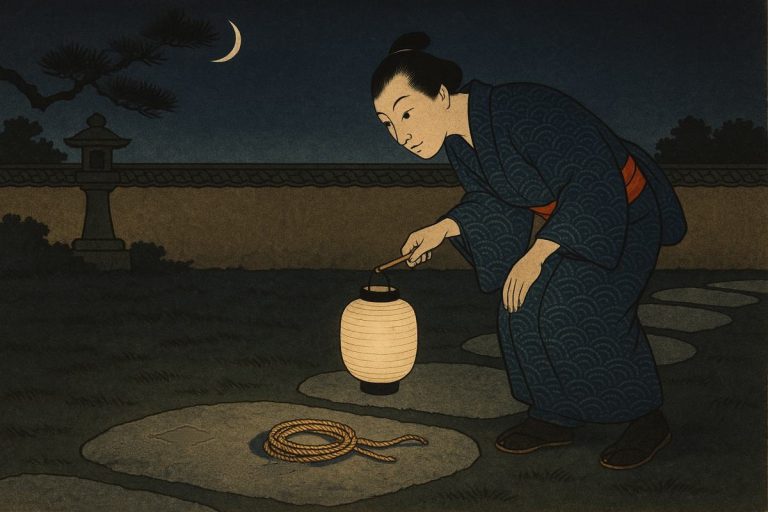 Ilustración estilo grabado japonés: de noche en un jardín, una persona acerca un farol y descubre que lo que había en el sendero era solo una cuerda enrollada