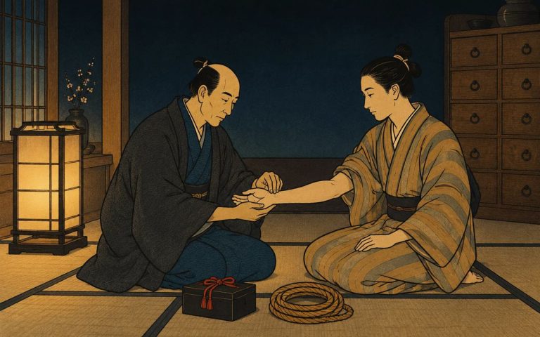 Ilustración estilo grabado japonés: un médico del período Edo palpa con dos dedos la muñeca y el antebrazo de un paciente a la luz de una lámpara, con una cuerda enrollada al lado