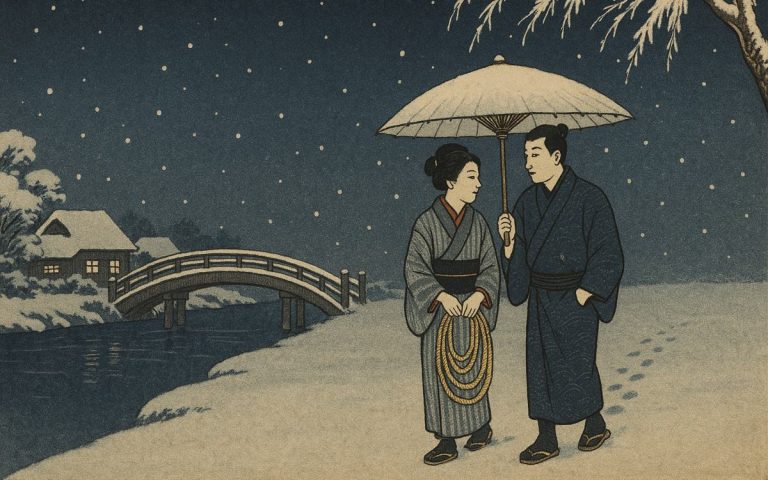 Ilustración estilo grabado japonés: una pareja conversa caminando bajo un mismo paraguas en una noche de nieve; ella lleva la cuerda a la vista