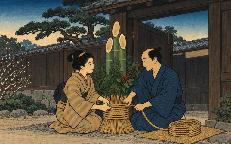 Ilustración estilo grabado japonés: una pareja amarra junta, a cuatro manos, la cuerda de un kadomatsu de Año Nuevo frente a la puerta de su casa