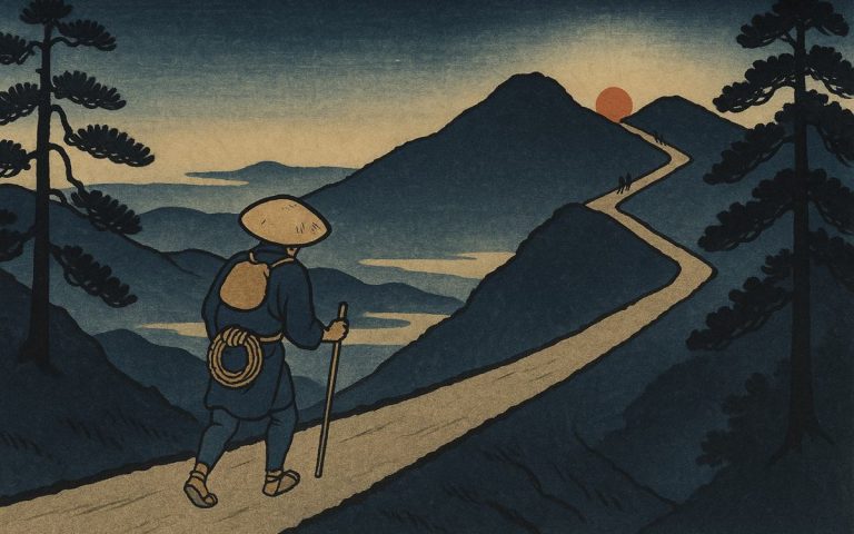 Ilustración estilo grabado japonés: un viajero con sombrero de paja sube un camino de montaña al amanecer con una cuerda enrollada en su mochila