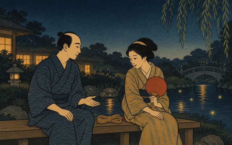 Ilustración estilo grabado japonés: una pareja conversa tranquila en un banco junto al agua al anochecer, entre luciérnagas, con una madeja de cuerda entre ellos