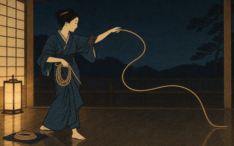 Ilustración estilo grabado japonés: en un dojo de noche, una mujer en kimono despliega una cuerda que dibuja en el aire un arco dorado, como una pincelada