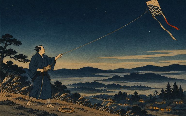Ilustración estilo grabado japonés: un hombre en una colina al anochecer sostiene con atención la cuerda de un cometa, leyendo el viento sobre un pueblo iluminado