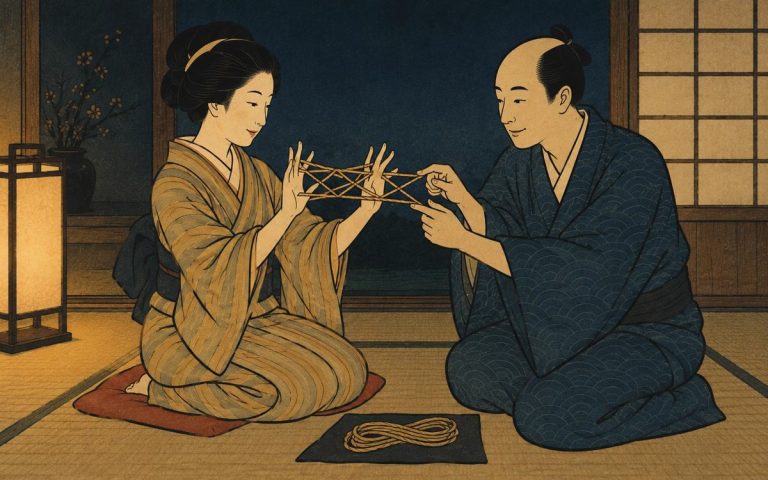 Ilustración estilo grabado japonés: una pareja juega ayatori a la luz de una lámpara; ella sostiene la figura de hilo y él la toma con sus dedos para continuar
