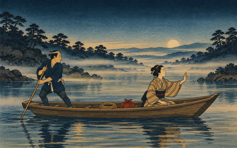 Ilustración estilo grabado japonés: en un bote al amanecer, una mujer en la proa levanta la mano para avisar y el barquero se detiene a escucharla