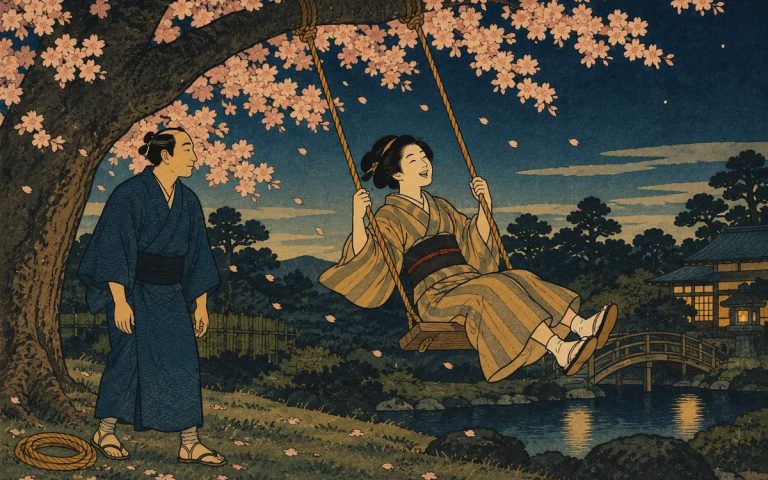 Ilustración estilo grabado japonés: una mujer se impulsa feliz en un columpio de cuerda bajo cerezos en flor mientras su pareja la mira atento