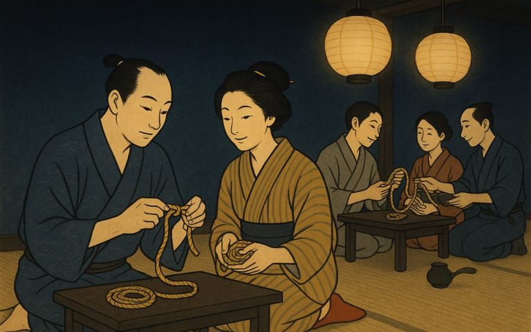 Ilustración estilo grabado japonés: en una casa de té con faroles, varias parejas practican nudos sobre madejas de cuerda mientras conversan