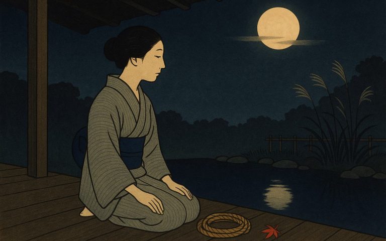 Ilustración estilo grabado japonés: una mujer arrodillada en la terraza contempla la luna reflejada en un estanque, con una cuerda enrollada a su lado