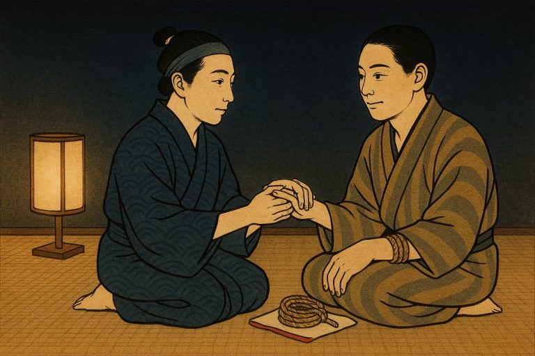Ilustración estilo grabado japonés: dos personas en kimono junto a un farol; una tiene cuerda en el antebrazo y la otra le sostiene la mano para comprobar que puede apretar