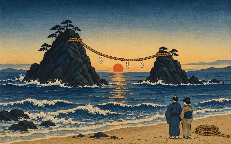 Ilustración estilo grabado japonés: las rocas Meoto Iwa unidas por una gran cuerda sagrada, con el sol saliendo entre ellas y una pareja mirando desde la playa