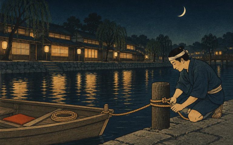 Ilustración estilo grabado japonés: de noche en un canal con faroles, un barquero amarra su bote a un solo poste con dos vueltas parejas y el nudo sobre ellas