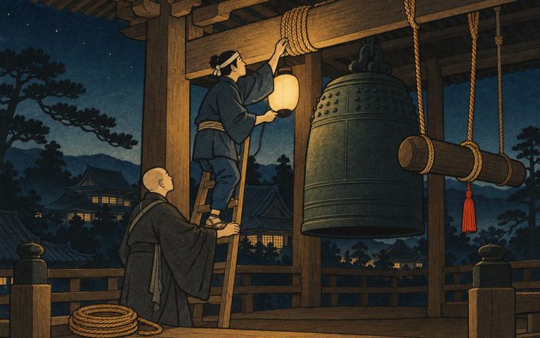 Ilustración estilo grabado japonés: de noche en el campanario de un templo, un carpintero revisa con un farol las amarras de la viga de la que cuelga una gran campana, mientras un monje sostiene la escalera