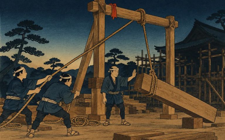 Ilustración estilo grabado japonés: carpinteros levantan con cuerda un extremo de una viga pesada mientras el otro sigue apoyado en el suelo, bajo la mirada atenta del maestro