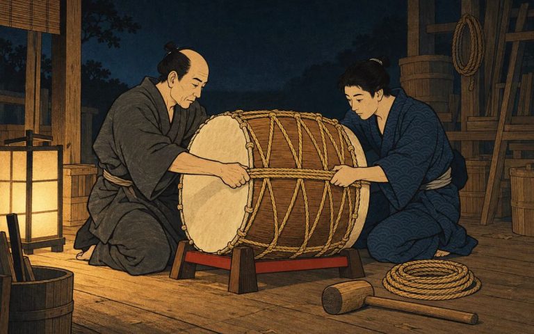 Ilustración estilo grabado japonés: un maestro y su aprendiz tensan juntos el cordaje en zigzag de un gran tambor taiko a la luz de una lámpara