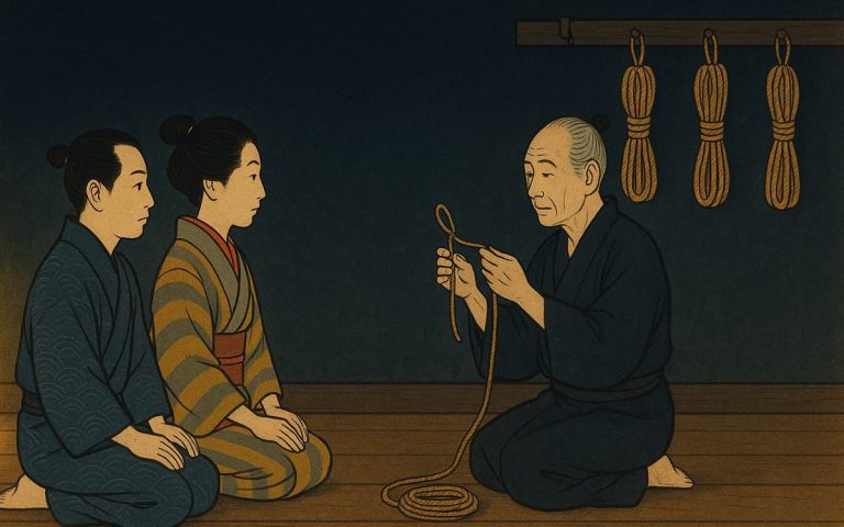 Ilustración estilo grabado japonés: en un dojo, un maestro muestra un nudo sobre una madeja de cuerda ante dos alumnos arrodillados