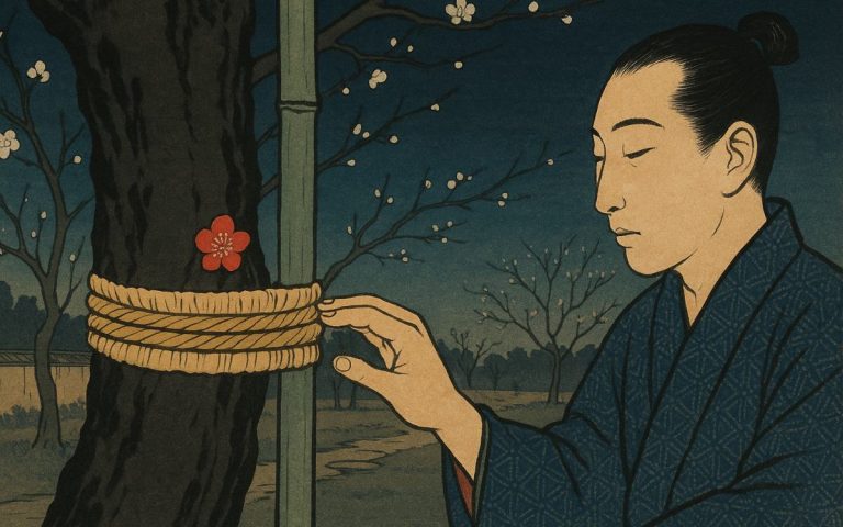 Ilustración estilo grabado japonés: un hombre comprueba con los dedos la holgura de las vueltas de cuerda que protegen el tronco de un ciruelo en flor