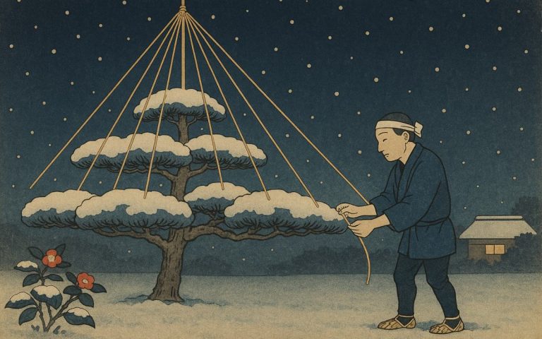 Ilustración estilo grabado japonés: un jardinero tensa las cuerdas de yukitsuri que protegen un pino nevado, junto a camelias rojas